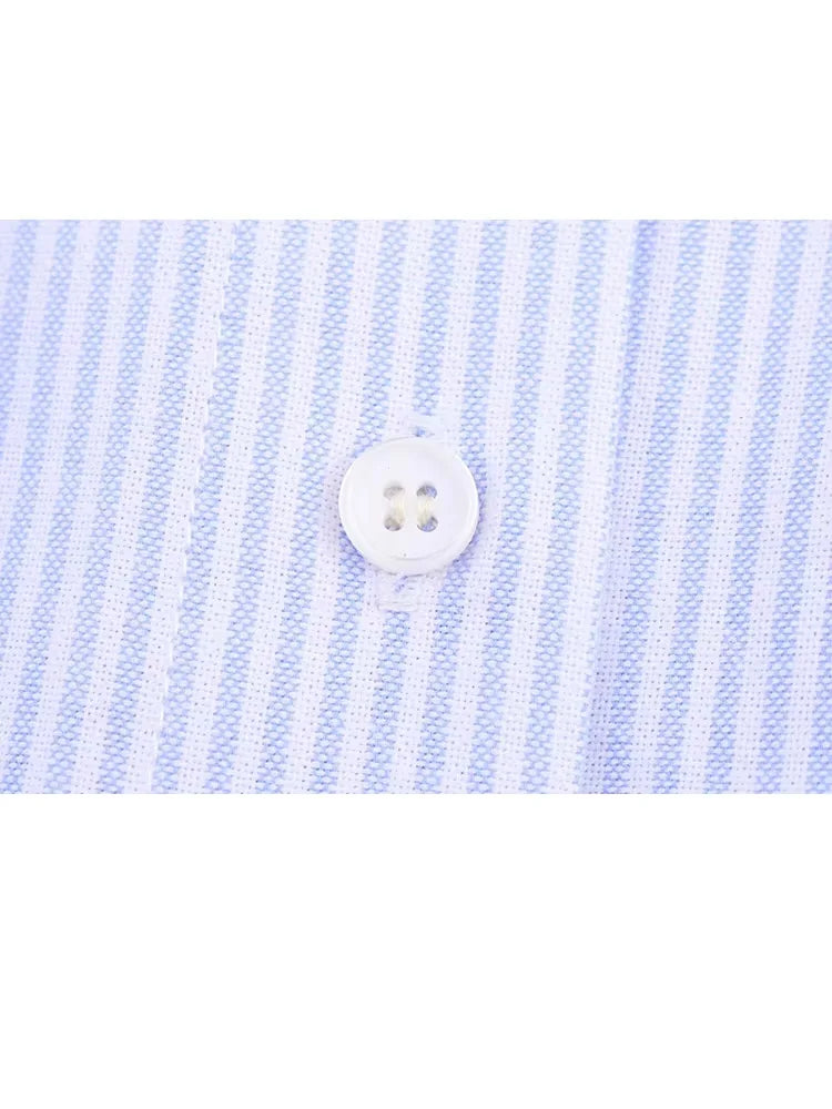 HH Women's 2025 Fashion Versatile Waist Pleated Blue Striped Shirt Female Elegant Lapel Single-Breasted Long-Sleeved Shirt