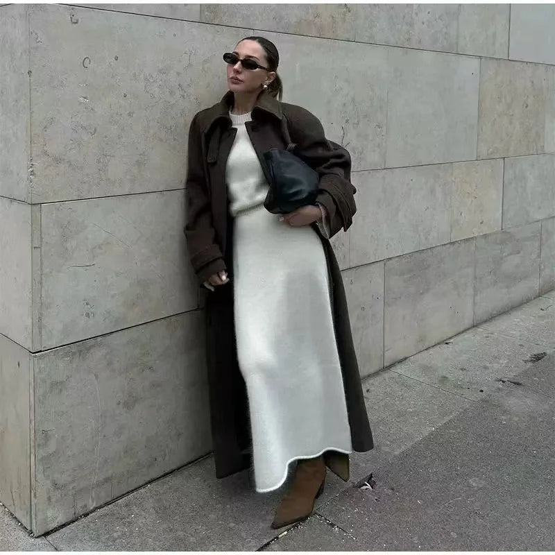 Women's Coat 2025 Winter New Style Dark Brown Long-Sleeve Belted Loose-Fit Long Woolen Coat Fashionable and Stylish