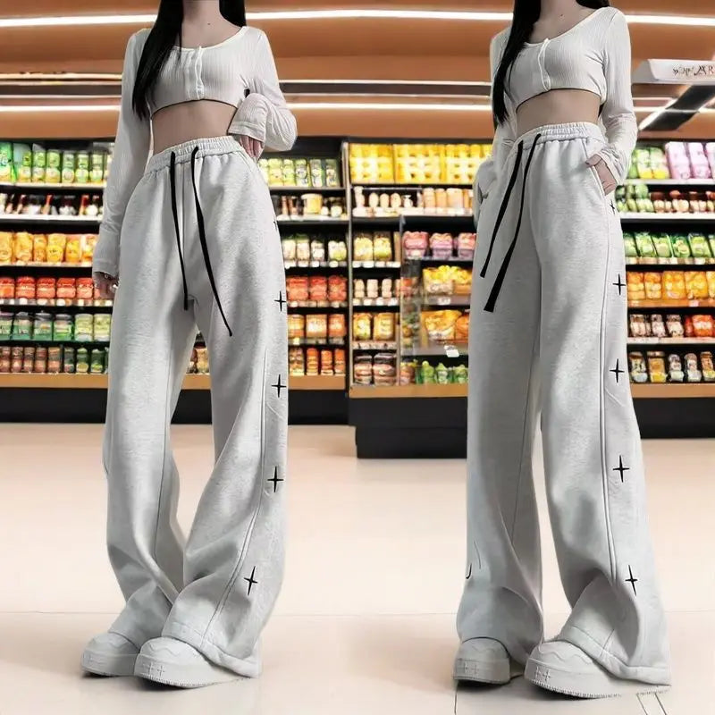 Wide-leg Trousers for Women Spring Summer Loose Thin Style Trendy for Students Petite Casual Sportswear, Straight-leg Pants