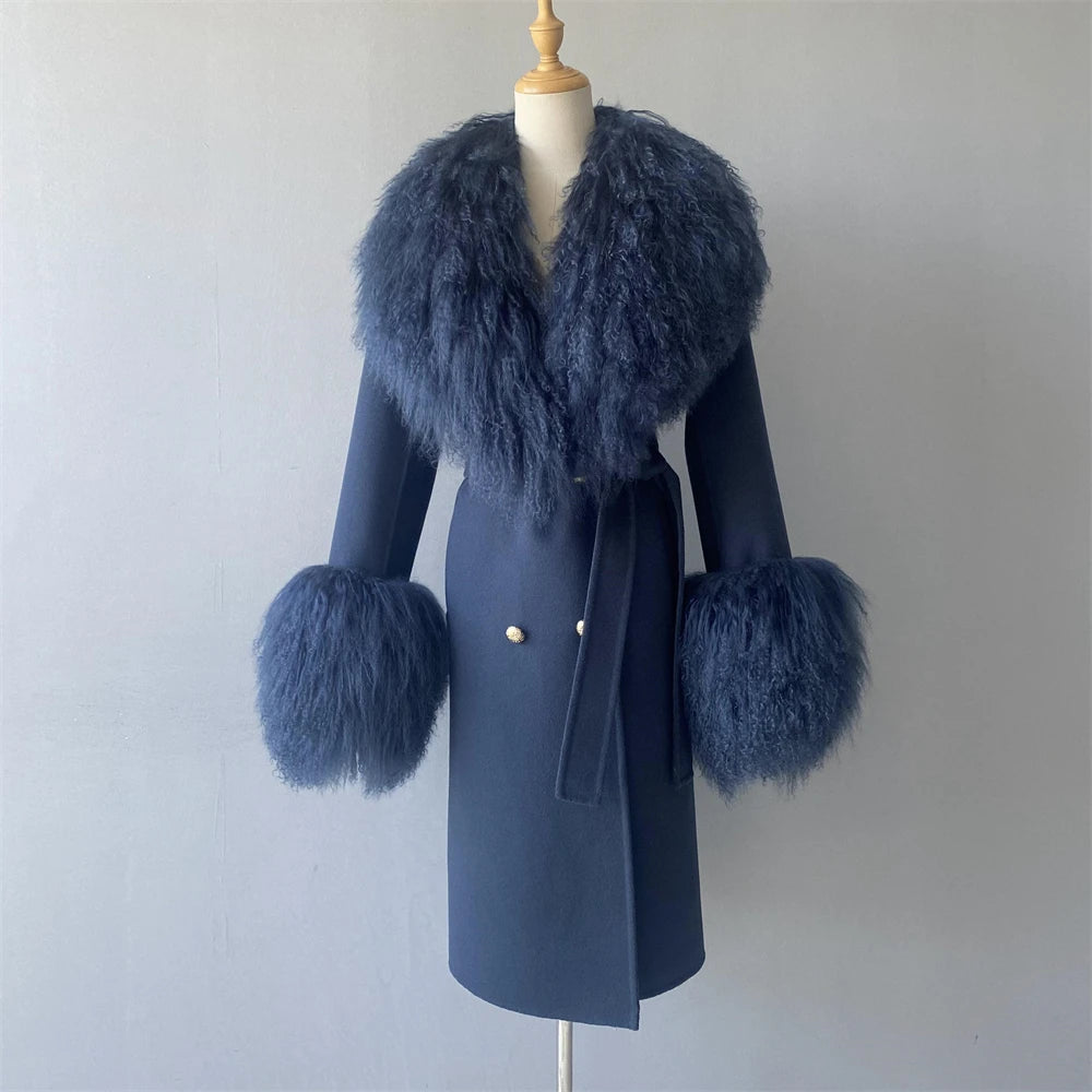 Women Cashmere Wool Coat With Real Mongolian Sheep Fur Collar  Ladies Autumn Winter Fashion Long Outwear Full Sleeve Fur Jacket