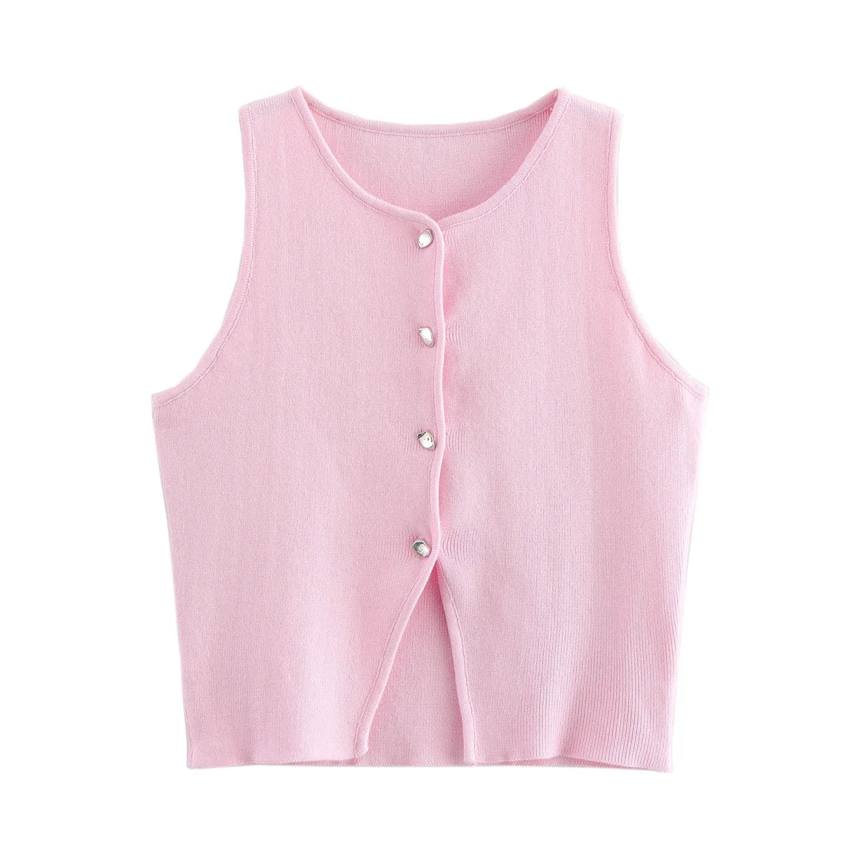 MUJER Pink Knit Sleeveless Vest Women Cropped Sweater Vest Top Women Yellow Button Vests Women Streetwear Waistcoat Knitwears