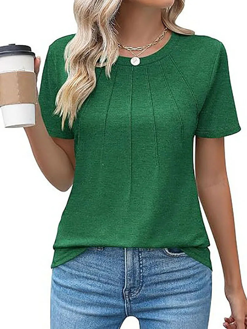 Women's Clothing European American T-shirt Tops Tees spring summer women's round neck pleated short sleeved solid color T-Shirts