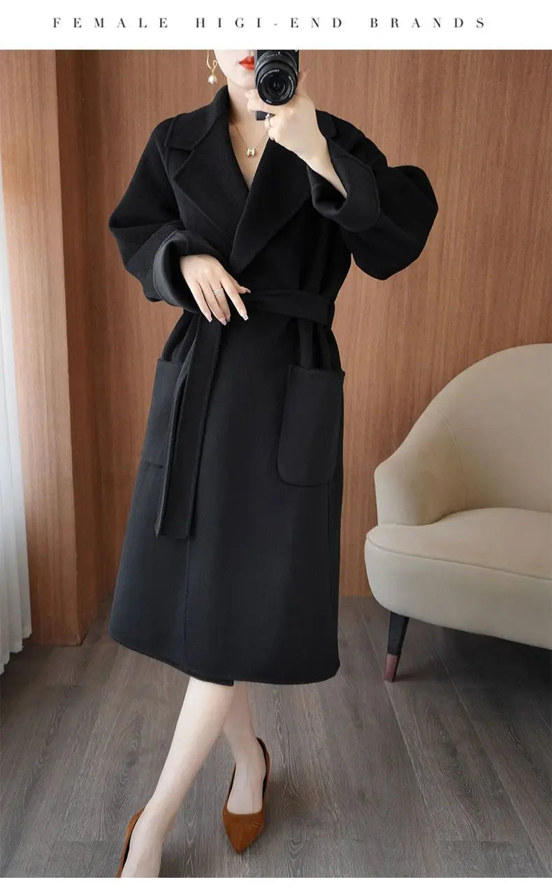 2024 Women's Wear 100% Wool Coat Autumn/Winter Fashion Temperament Double sided Cashmere Coats with Belt Elegant Long Overcoat
