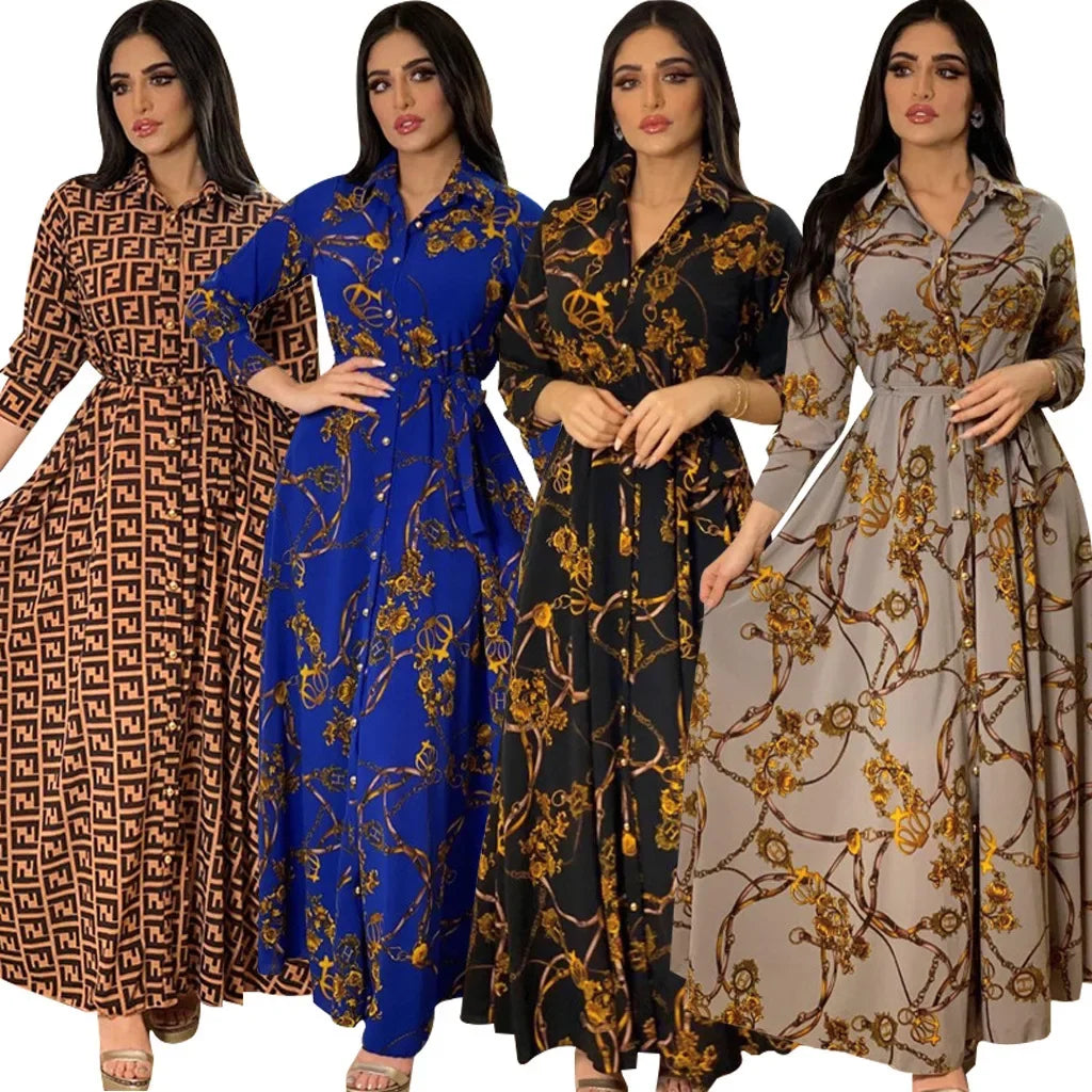 Women's Fashion  New Sexy Elegant Dress Temperament Digital Printing  Long Shirt Dress Women's Elegant Commuter Casual Dress