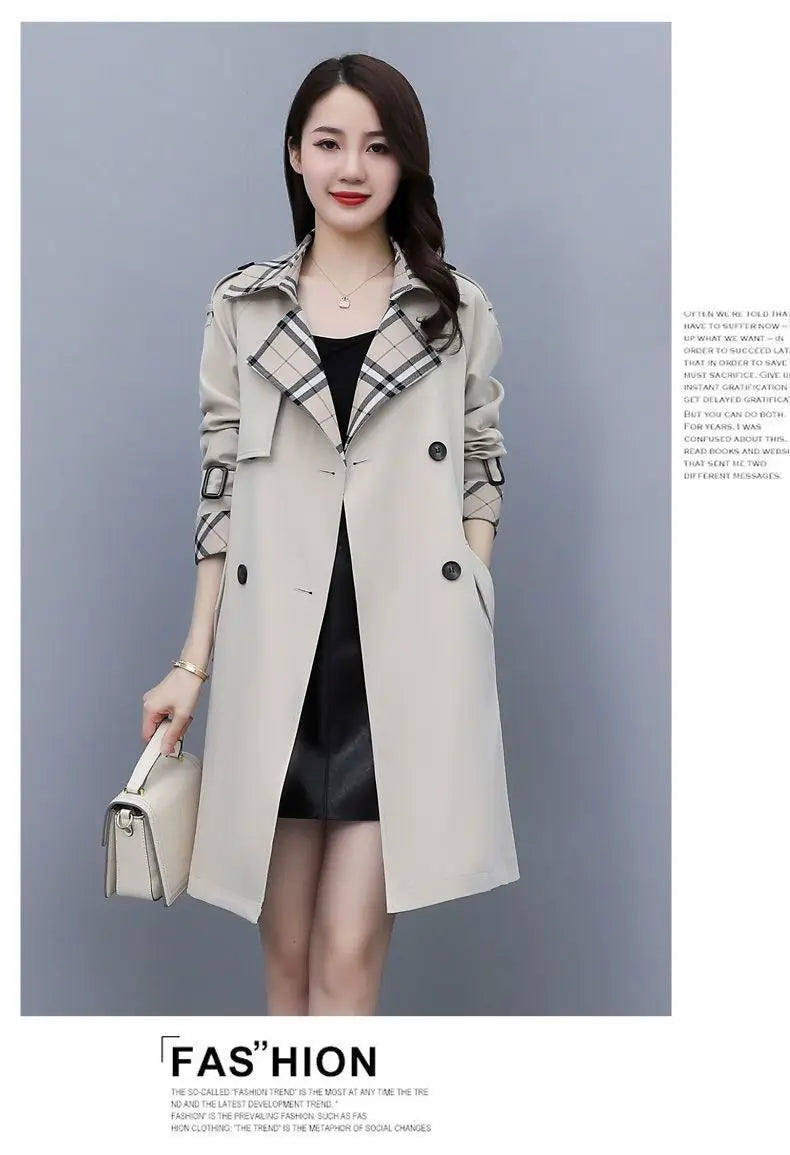 Women Trench Coat 2024 Spring New Style Lapel Collar Khaki Double Breasted Button Office Lady Windbreaker Coat