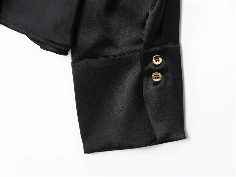 Women's Shirt 2025 Autumn New Arrival Black Long-Sleeve Satin Tie Simple Style Shirt Casual Fashion Elegant and Graceful