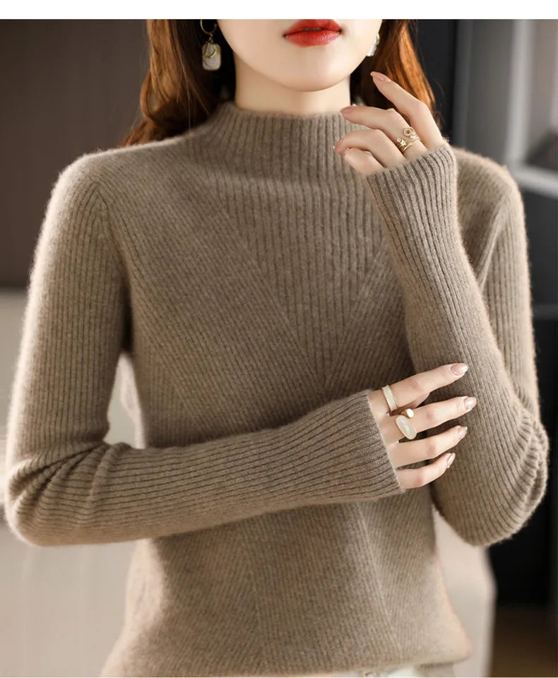 Cashmere Sweater Women Pure Color Half high collar Casual Long-sleeved Loose Pullover Cashmere Sweater Women's