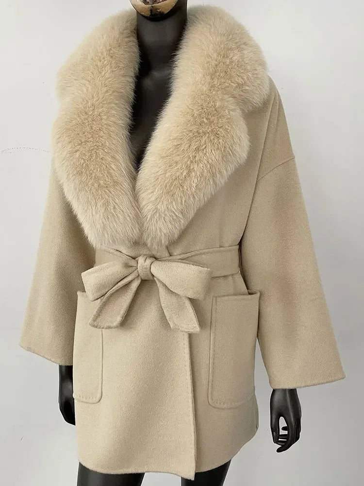 2025 Winter Fashion Women Double-sided Wool Cashmere Coat with Detachable Natural Fox Fur Collar Luxurious Genuine Fur Coat