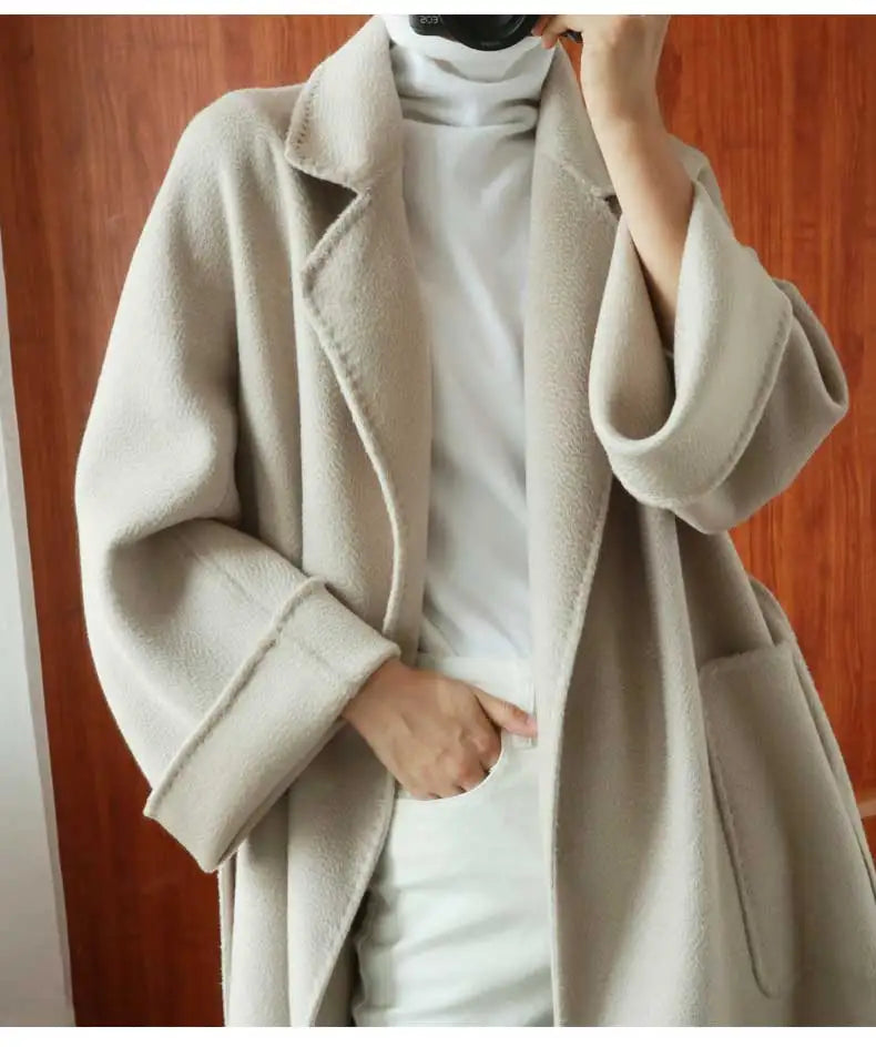 Women Double-Sided 20% Cashmere Wool Coat Jacket Women Long Beautiful Woolen Winter Autumn Warm Fashion Water Ripple Cloak