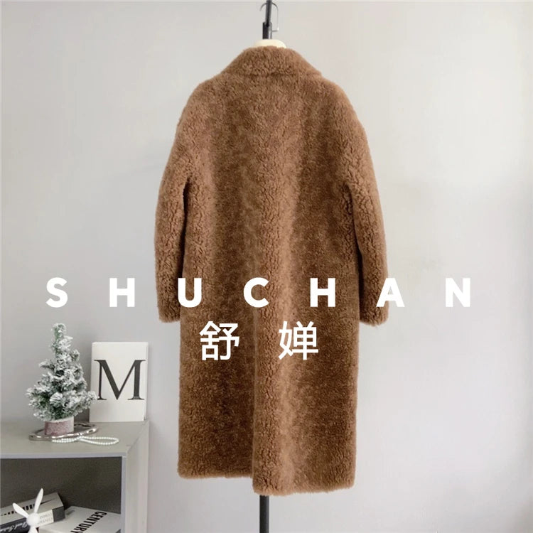 100% Wool Coat Women New Warm Sheep Shearing Long Solid Color Long Coat Lamb Wool casacos femininos inverno 2025