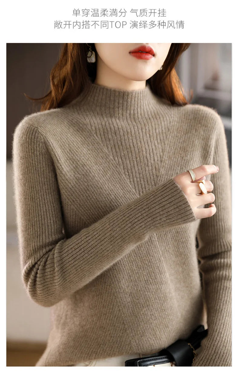 Cashmere Sweater Women Pure Color Half high collar Casual Long-sleeved Loose Pullover Cashmere Sweater Women's