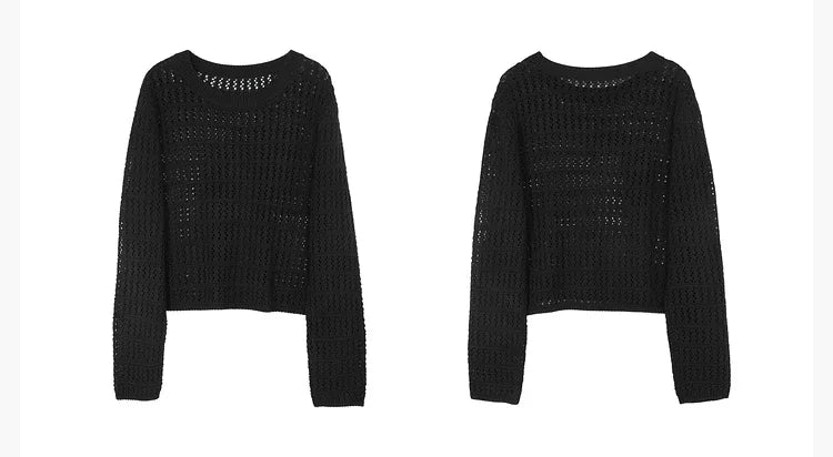 ITOOLIN Summer Women Long Sleeve Loose Casual Top Hollow Out Sexy Knit Shirt Beach Solid Y2k Pullovers Streetwear T-shirt 2024