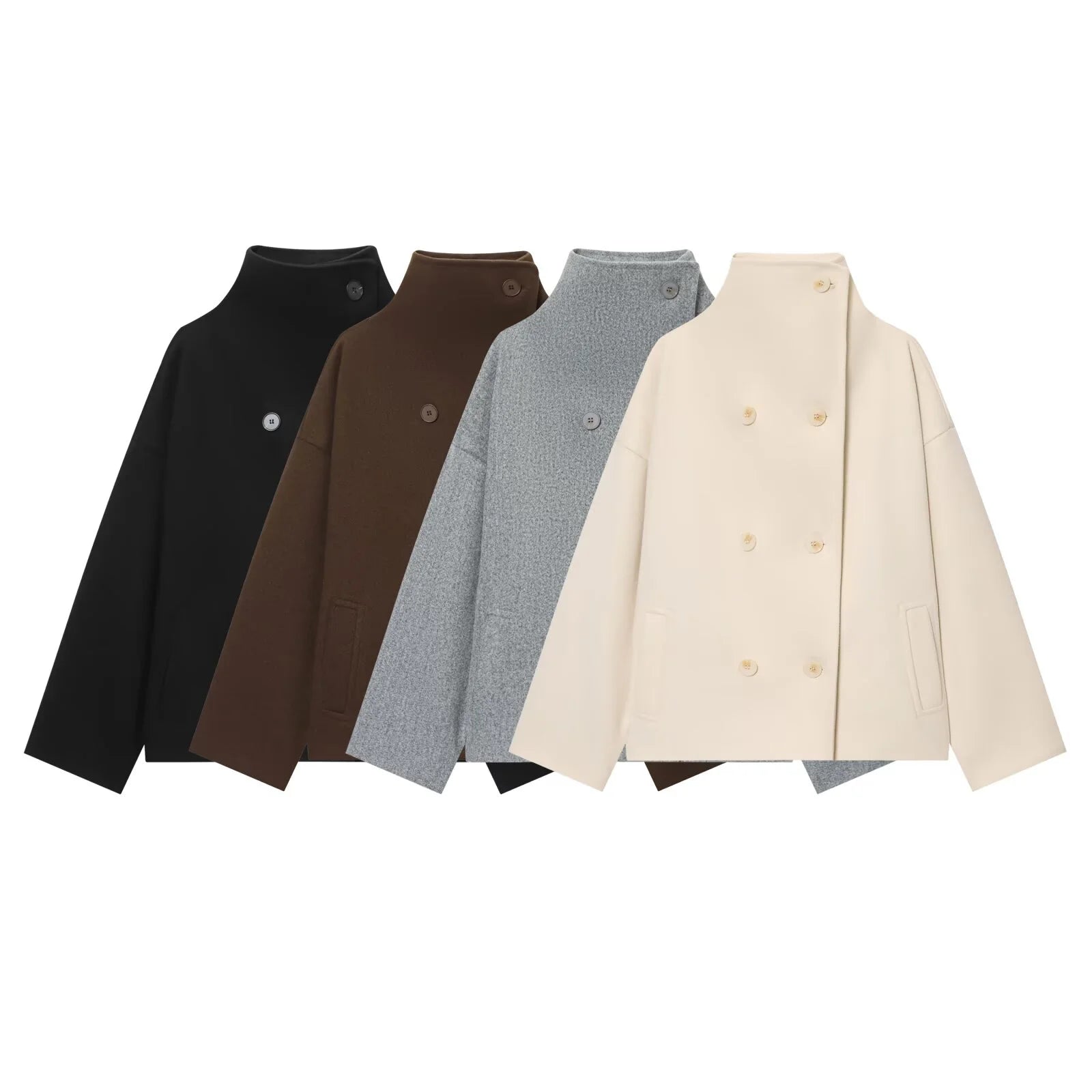 2025 Winter New Women's Casual Fashionable Simple Versatile High-Neck Long-Sleeved Double-Breasted Loose Wool Coat