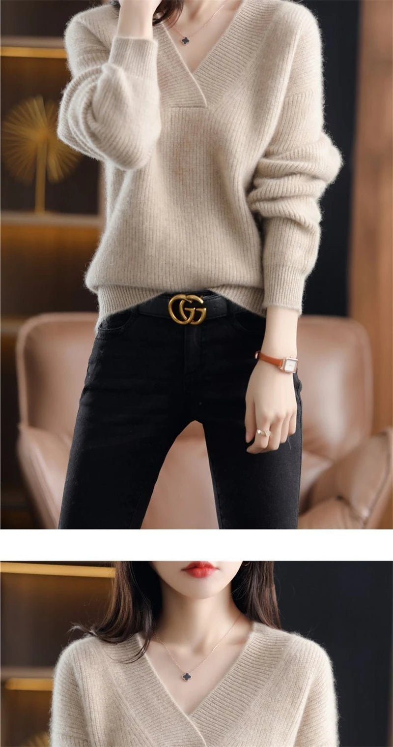 Cashmere Sweater Women's 100% Wool Sweater Fashion V-neck Knitted Pullover 2024 Winter and Autumn New Loose Solid Soft Sweater