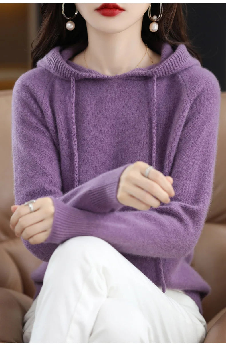 Cashmere Hooded Sweater Women Autumn Winter Long Sleeve Solid Color Knitted Hoodies Lady Loose Drawstring Casual Pullover Hoodie
