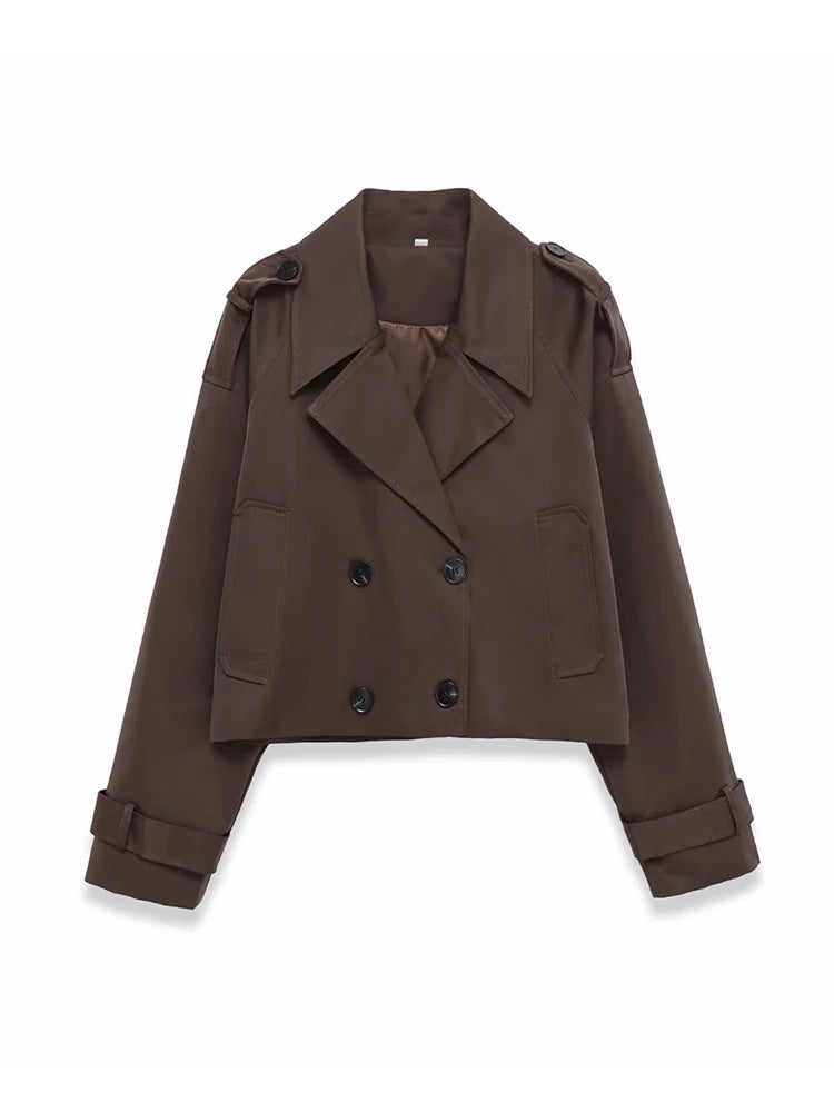 Women's Double-breasted Short Trench Coat Fashion Chic Outerwear with Pockets Long Sleeve Female Top