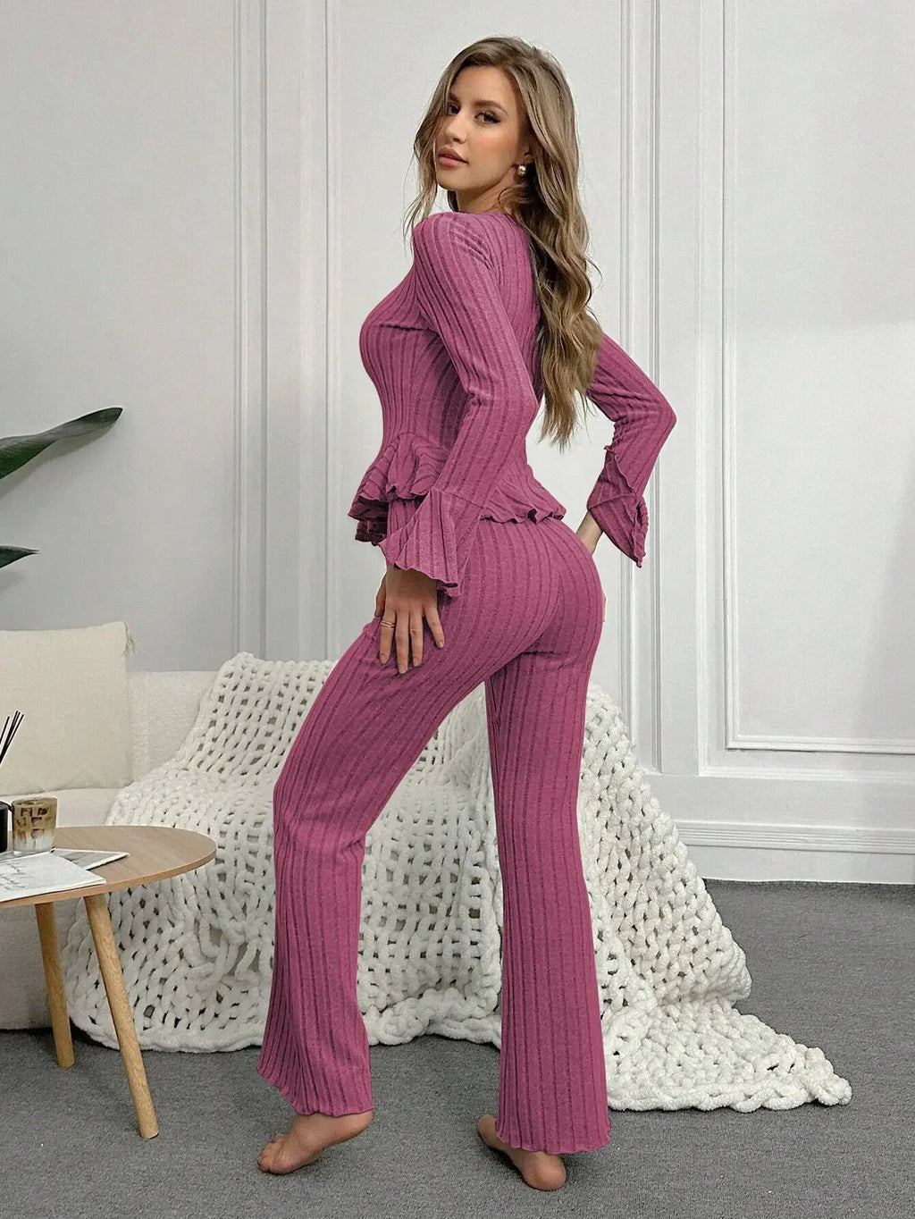 Women Sleepwear Autumn Winter Pajamas Sets Two Pieces Sexy V Neck Long Sleeve Tops and Trousers Set Loungewear Home Clothes