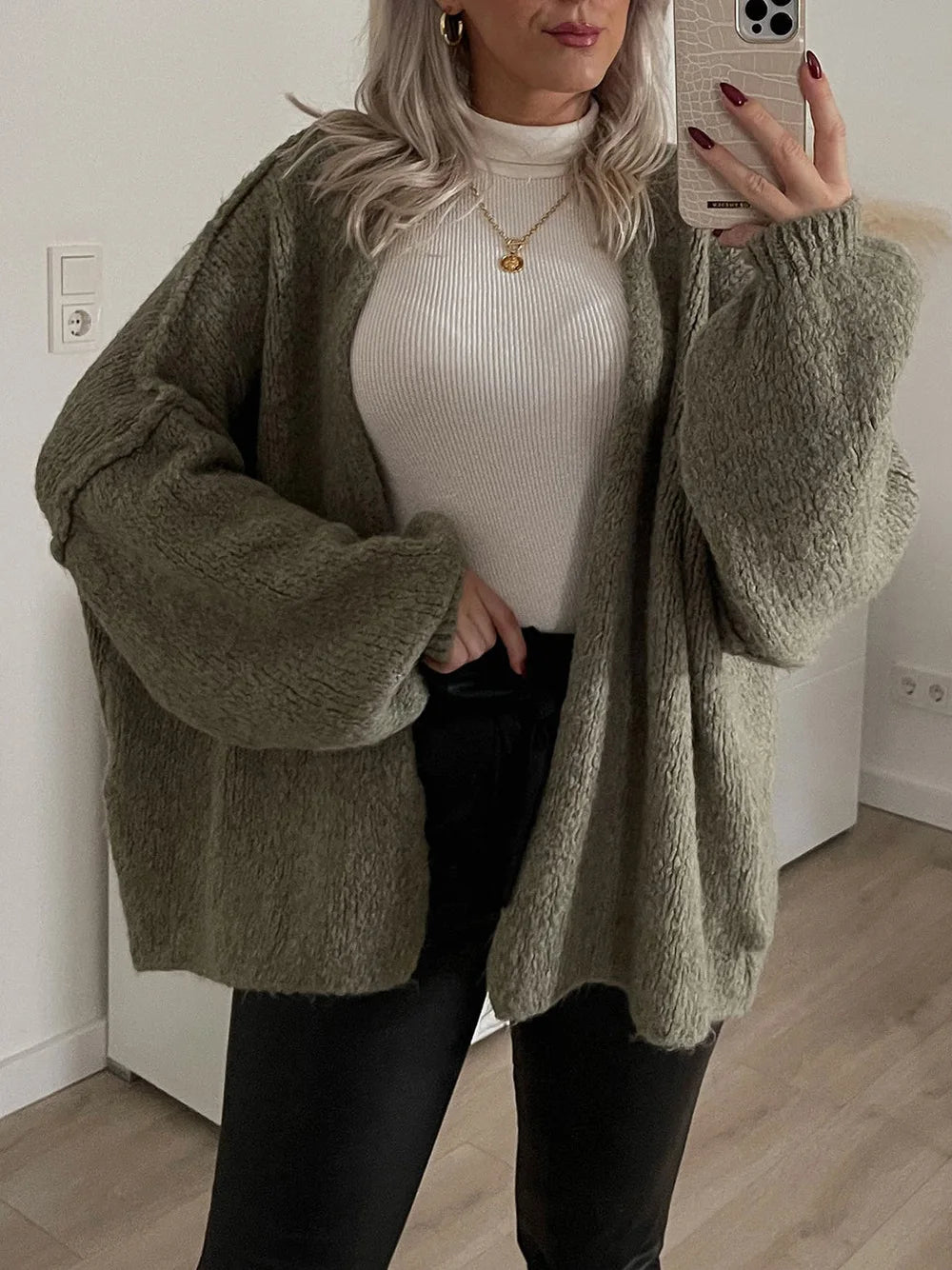 Autumn Winter New Casual Knitted Sweater Cardigan Jacket Loose Long Sleeve Solid Color Mid-length Sweater Women Cardigan Jacket