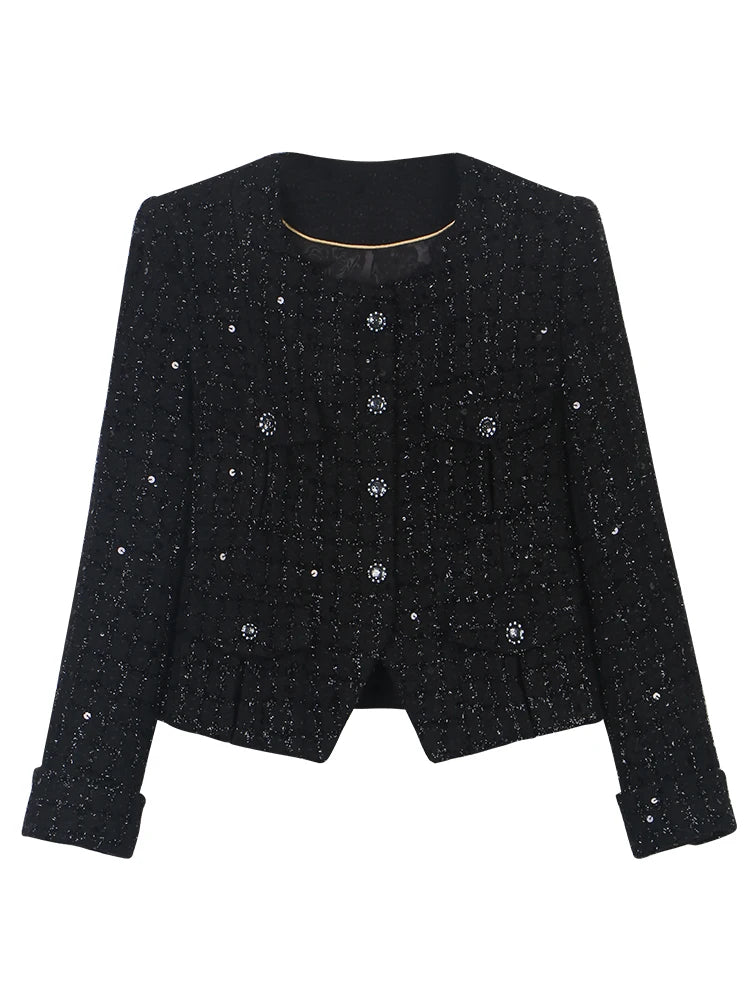 2025 Fashion Elegant Round Neck Single Bretted Light Luxury Celebrity Heavy Industry Sequin High-end Tweed Braided Jacket