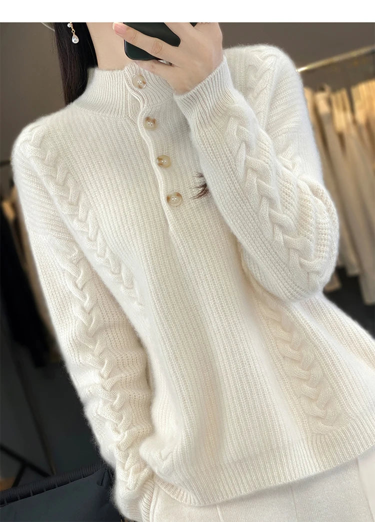 Cashmere Sweater Women's 2023 Autumn/Winter New Knitted Half High Collar Pullover 100% Wool Loose Korean Fashion Luxury Top