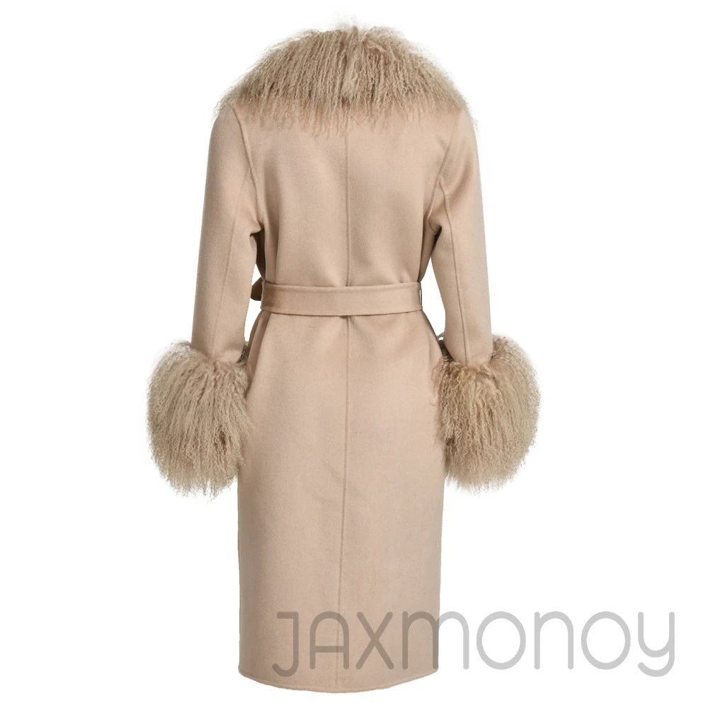 Women Cashmere Wool Coat With Real Mongolian Sheep Fur Collar  Ladies Autumn Winter Fashion Long Outwear Full Sleeve Fur Jacket