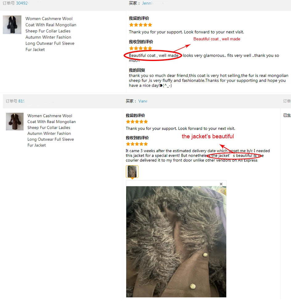 Women Cashmere Wool Coat With Real Mongolian Sheep Fur Collar  Ladies Autumn Winter Fashion Long Outwear Full Sleeve Fur Jacket