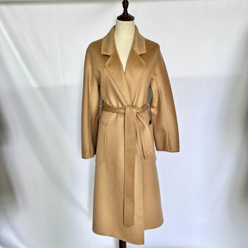 Cashmere Coat Female Winter Mid-Length Corrugated Coat Black Wool Coat Woman Autumn New Casual Fashion Red Beige Lace-Up Coat