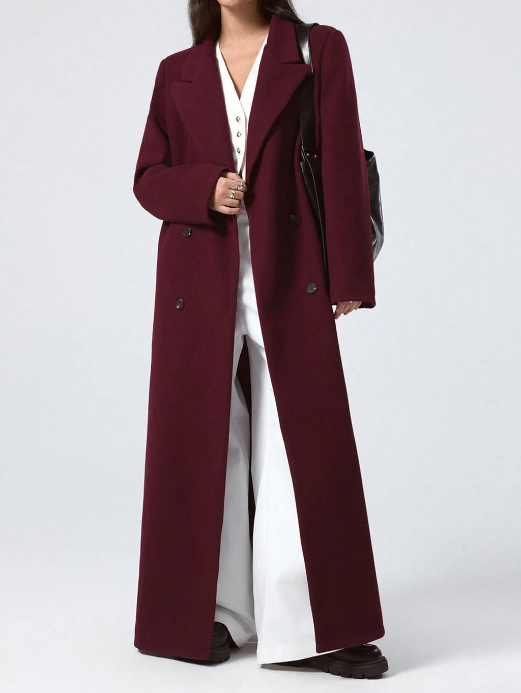 Wine-red Woolen Coat For Women, Long Autumn New Slim-fit Overcoat, Hepburn-style Knee-length Wool Coat