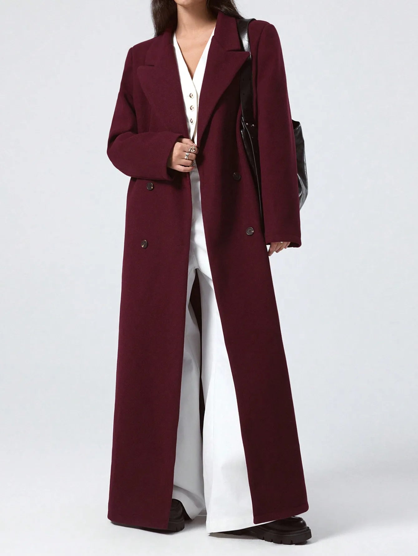 Wine-red Woolen Coat For Women, Long Autumn New Slim-fit Overcoat, Hepburn-style Knee-length Wool Coat