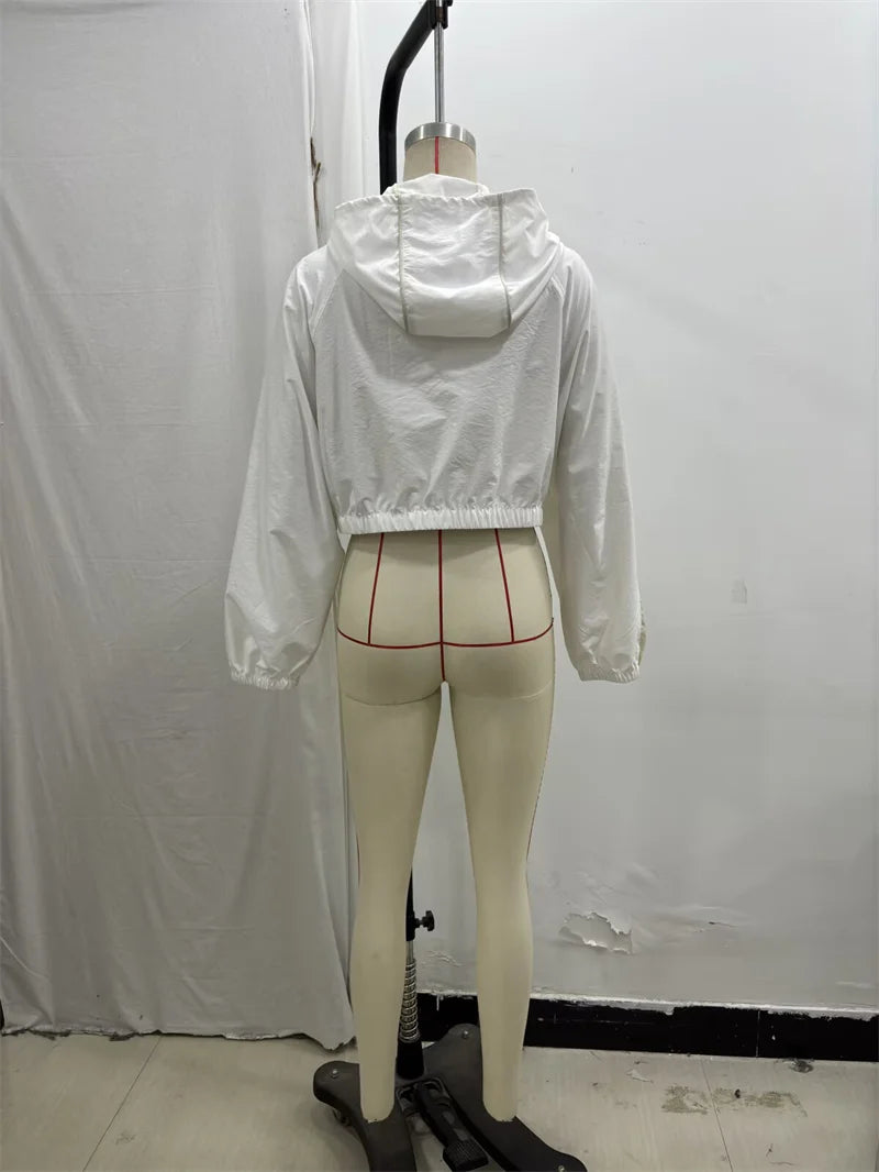 Women's Jacket 2025 Autumn New Arrival White Long Sleeve Simple Style Nylon Short Sports Hooded Top Jacket Casual Fashion