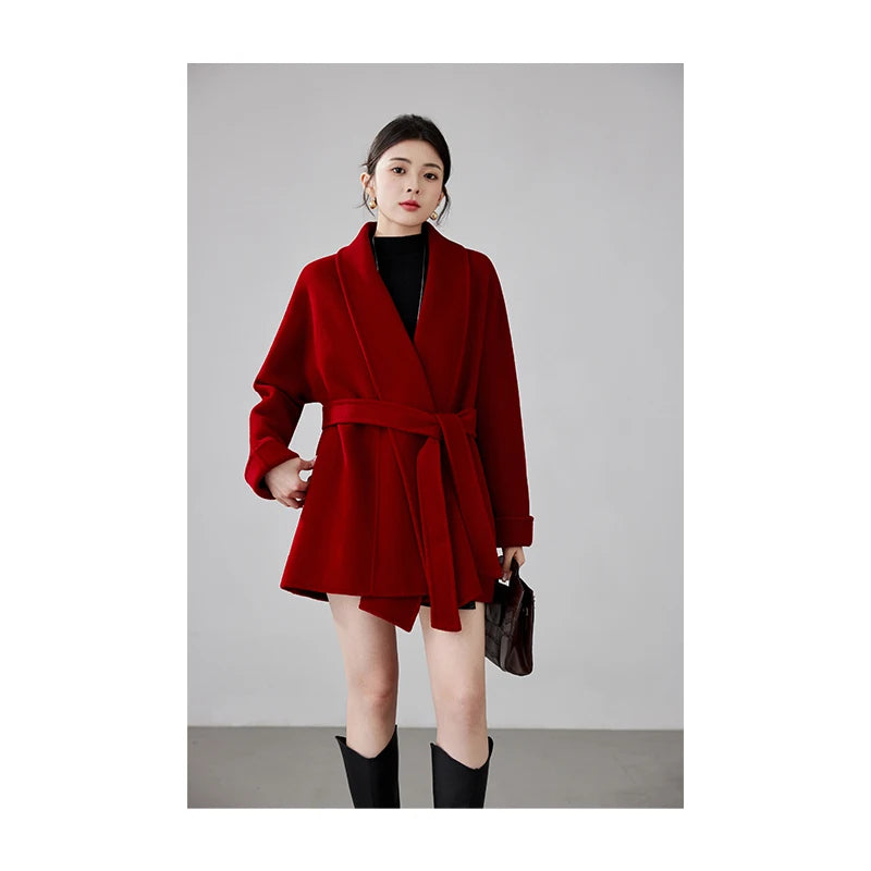 Women's Short Rose-red Double-sided Cashmere Coat | High-end (Wedding Bridal/New Year "War Robe") Woolen Outerwear