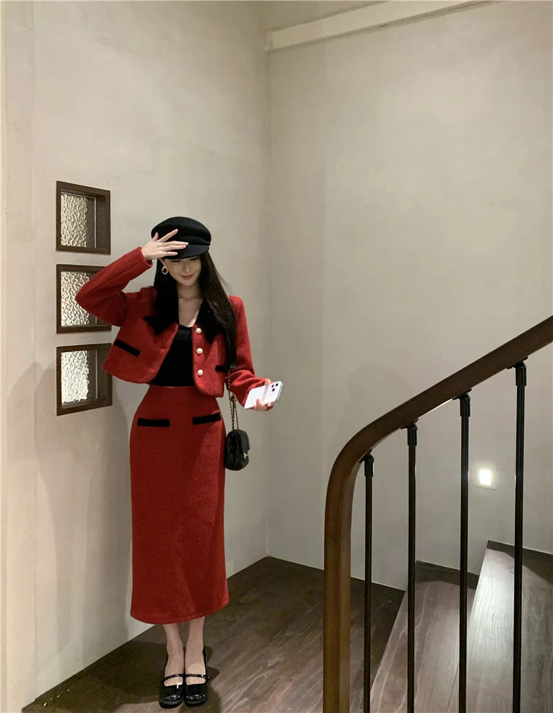 Winter Outfit Women 2024 New Elegant Lady Thickened 2 Pieces Sets Women Sweet Fashion Short Coat High Waist Long Skirt Suits