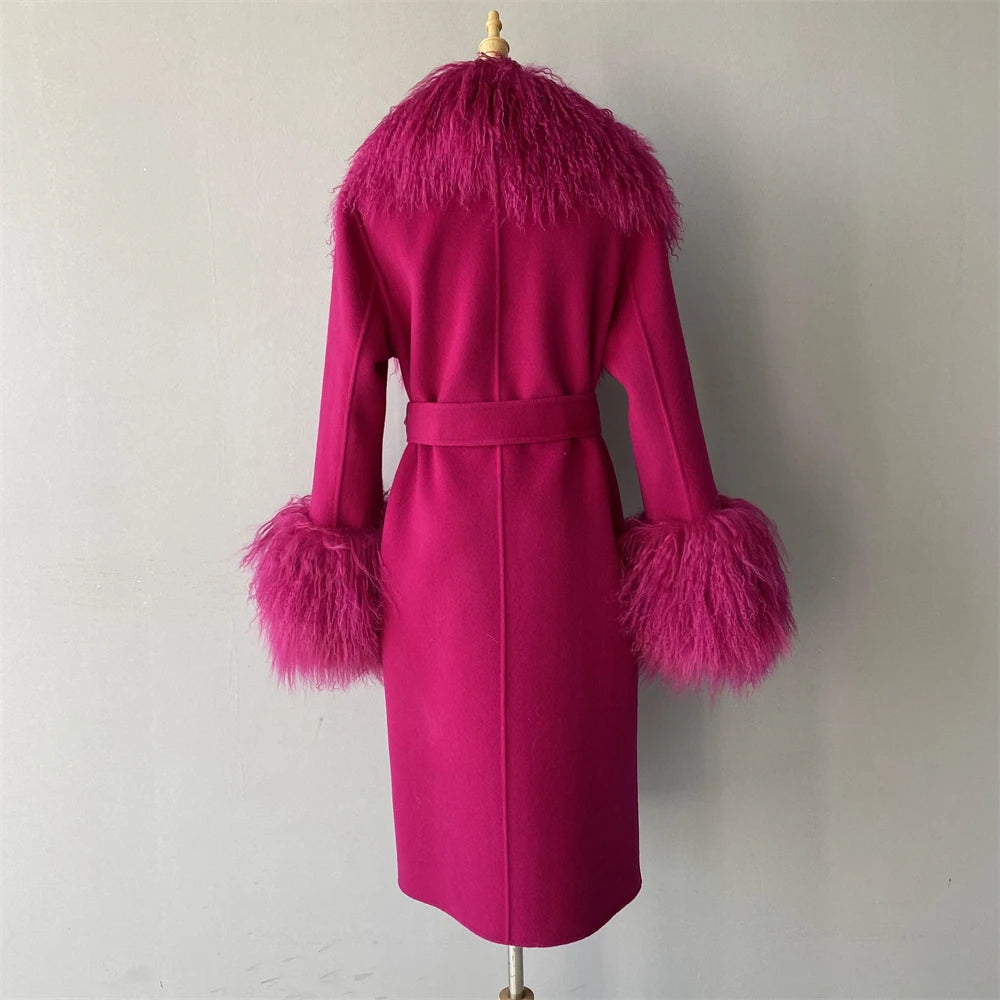 Women Cashmere Wool Coat With Real Mongolian Sheep Fur Collar  Ladies Autumn Winter Fashion Long Outwear Full Sleeve Fur Jacket