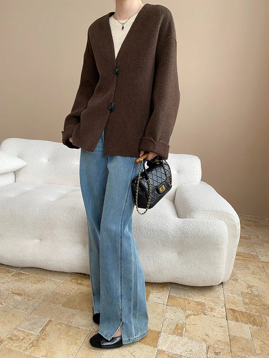 Winter women's casual solid color V-neck double-sided woolen coat jacket