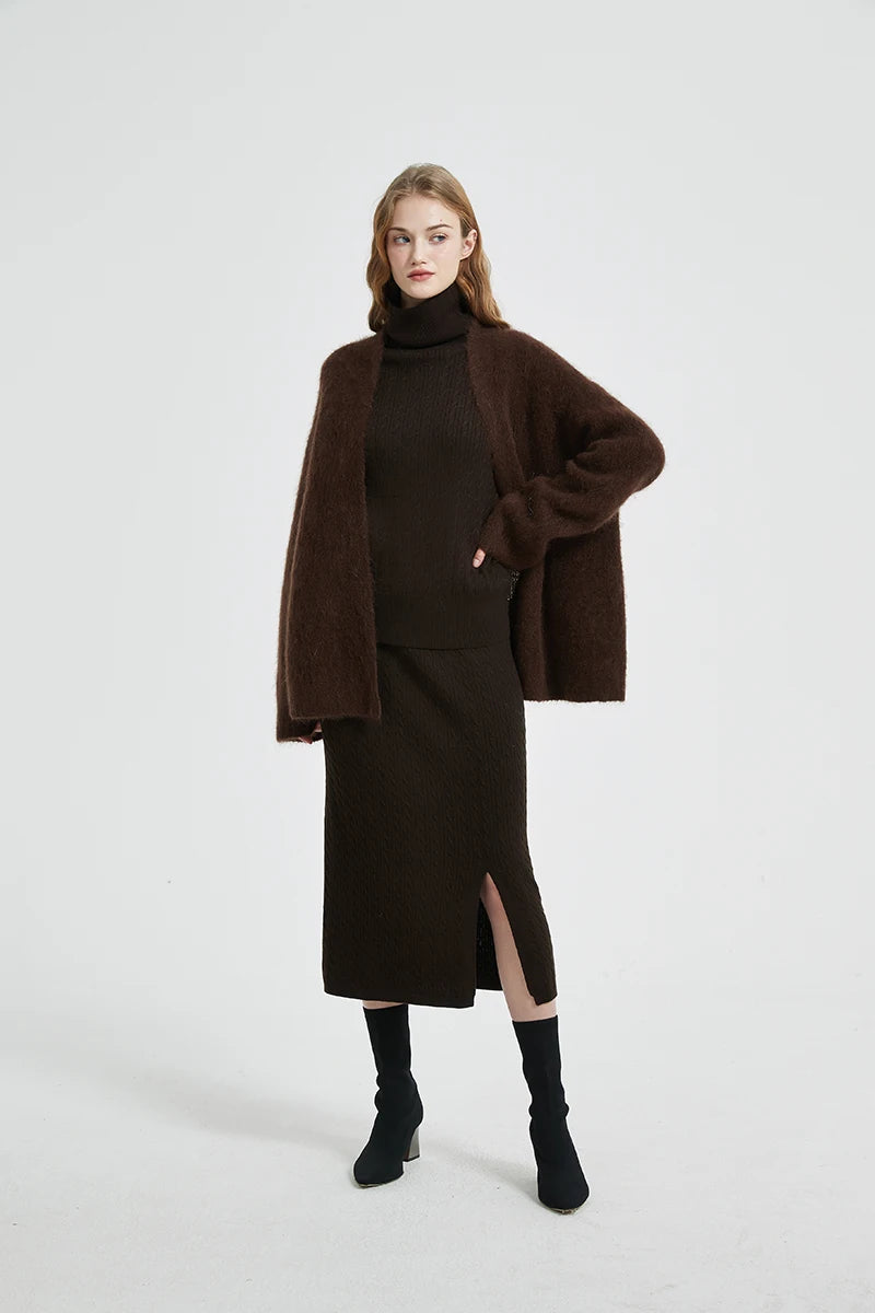 BAHTLEE-Women's Mohair Cardigan Knitted Sweater V-Neck Solid Long Sleeves Coat Keep Warm