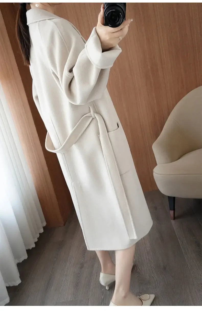 100% Wool Coat Women's Wear 2025 Autumn/Winter Fashion Temperament Double sided Cashmere Coats with Belt Elegant Long Overcoat