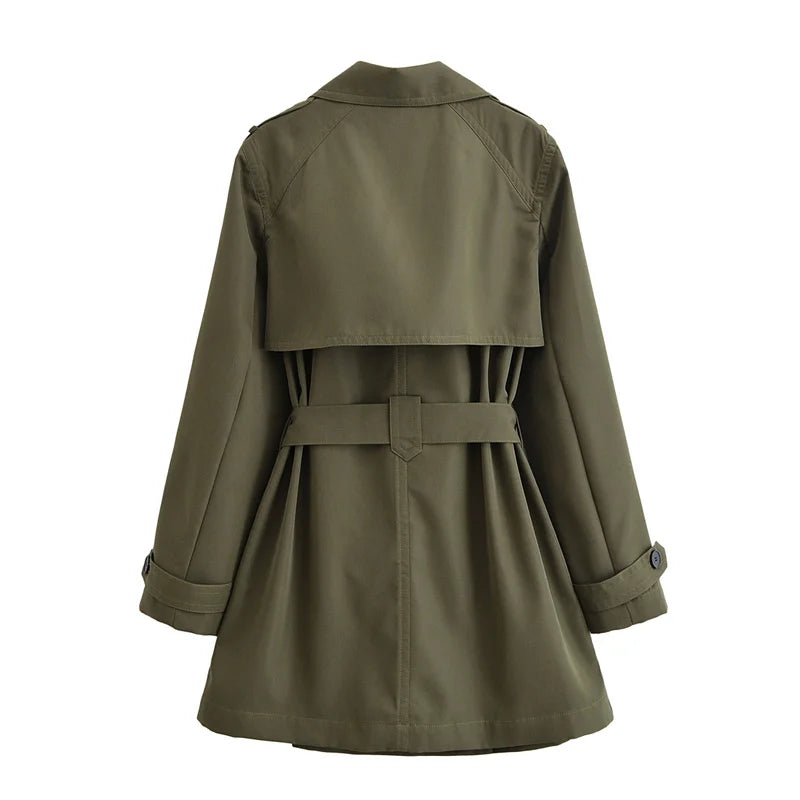 Women's Trench Coat 2025 Autumn New Style Army Green Long Sleeve Double-Breasted Belt Decorated Trench Coat Outerwear British