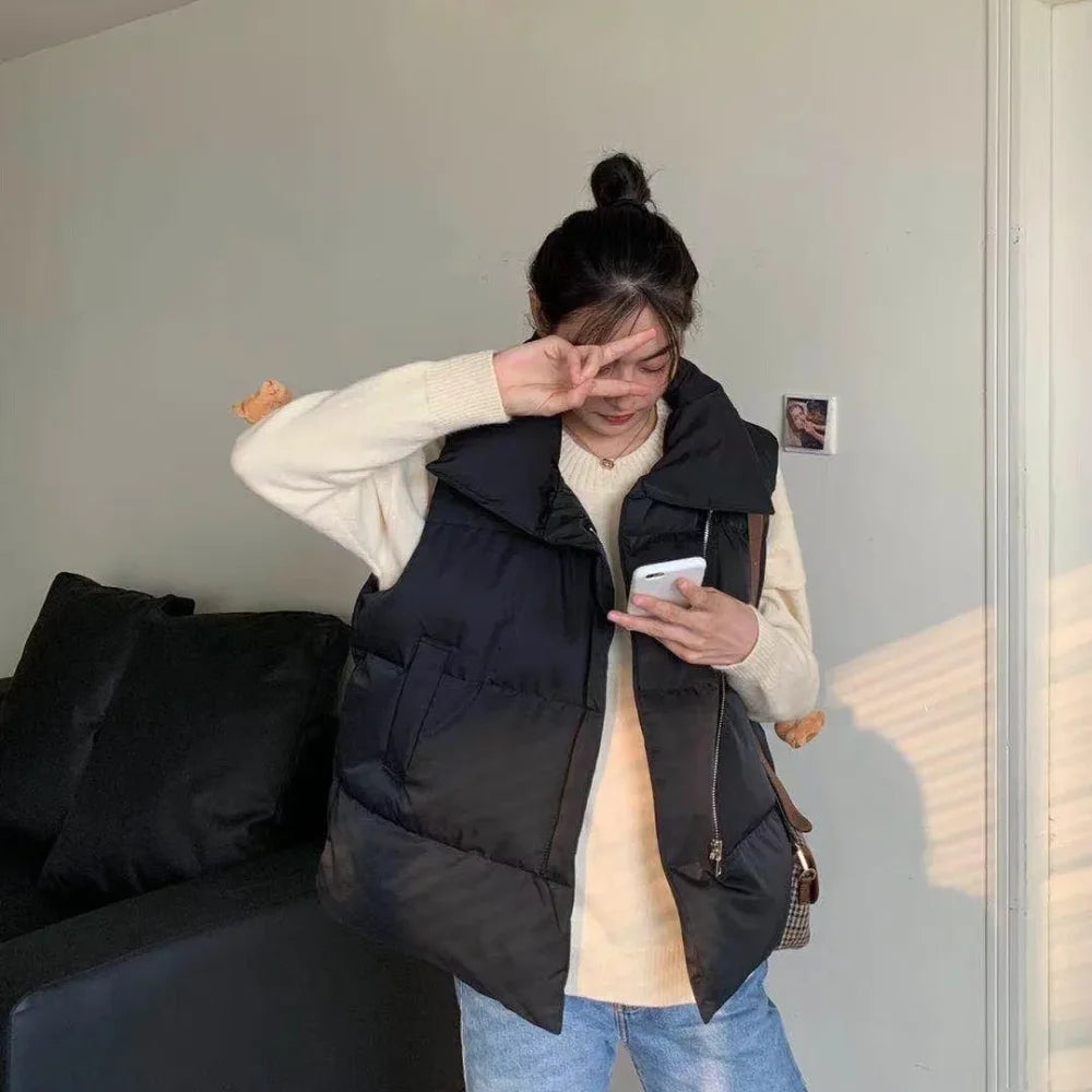 Women's Winter Short down Sleeveless Vest Warm Stand Collar Zipper Jacket Casual Fashion Quilted Cropped Coats Street Outerwear