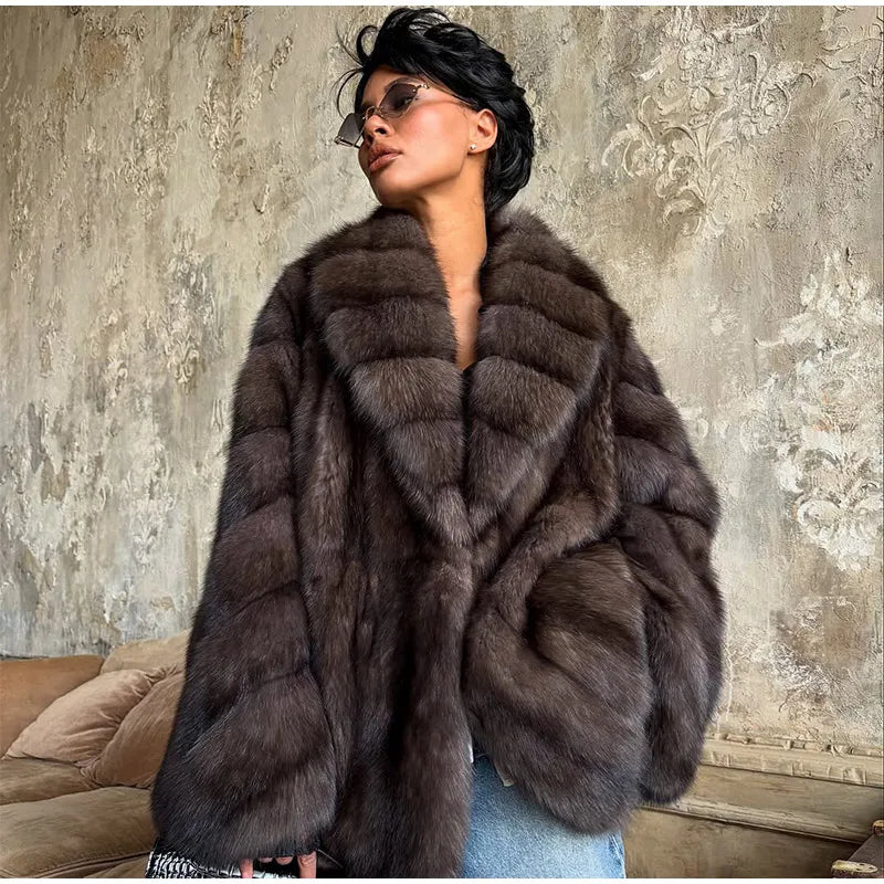 Fashion Medium-length Fur Coat Women Elegant Solid Lapel Hidden Button Loose Coats Lady 2025 Winter New Commute Office Outerwear