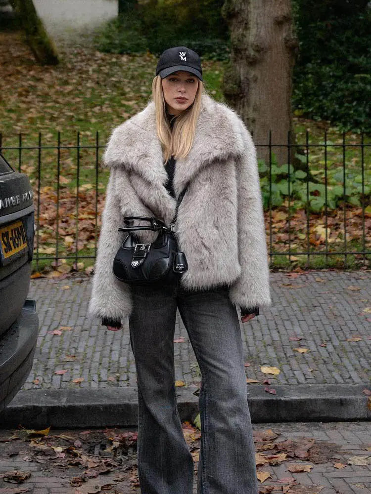 DUOPERI Women Fashion Winter Solid Thick Warm Faux Fur Coat Lapel Collar Long Sleeves Female Chic Lady Casual Outfits