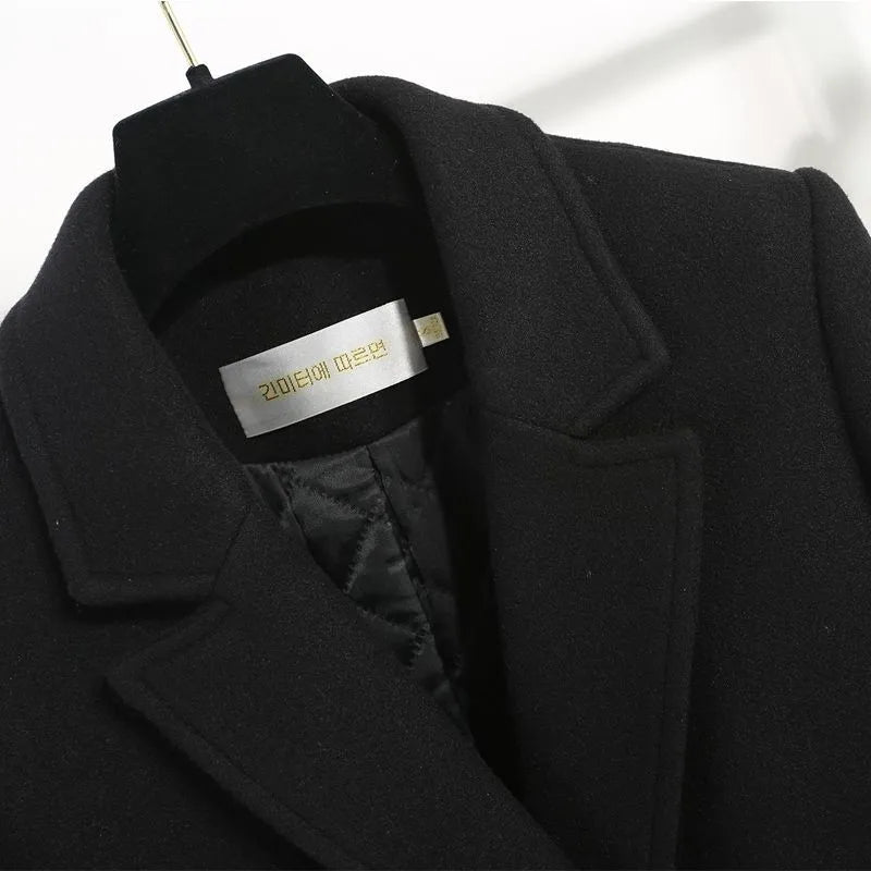 Women's Classic Black Woolen Coat Female Mid-Length Jacket New Korean Version Thicken Woolen Blend Overcoat Autumn Winter