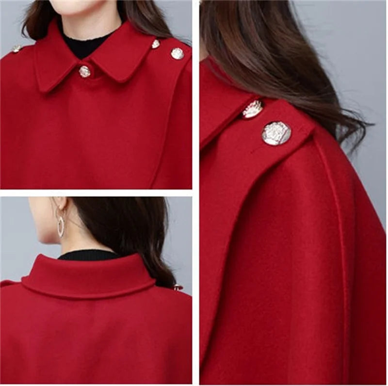 Fashion Woolen Shawl Coat For Women 2025 Autumn Winter New Woolen Jacket Short Outerwear Cape Red Black Coat Tops Female