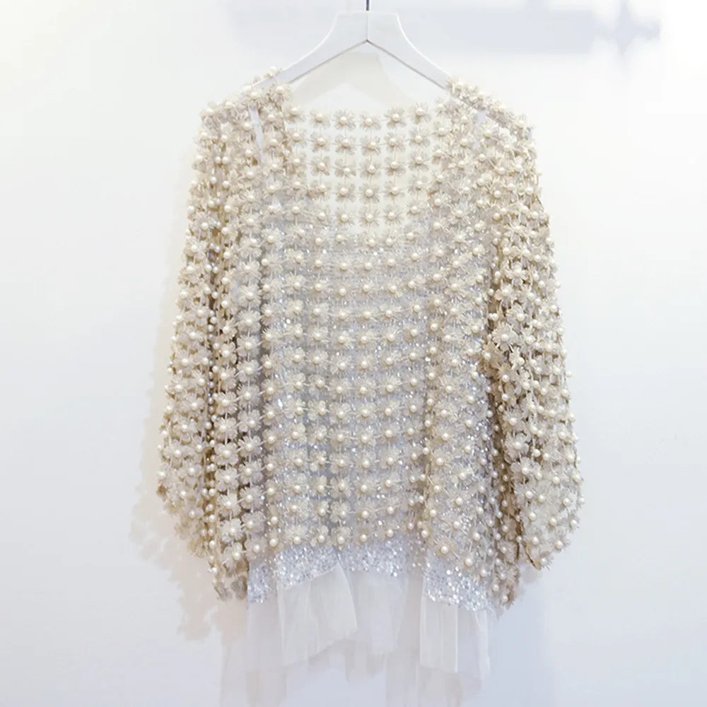 Women Beads Coat Style Women Perspective Shawl Fashion Hollow Out Lace Boleros Short Sleeve Coats Jackets Femal