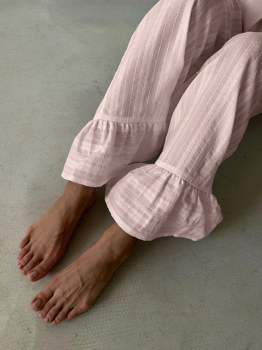 Marthaqiqiq Casual Women Nightgown 2 Piece Suit Long Sleeve Nightwear Turn-Down Collar Sleepwear Pants Loose Home Clothes Ladies