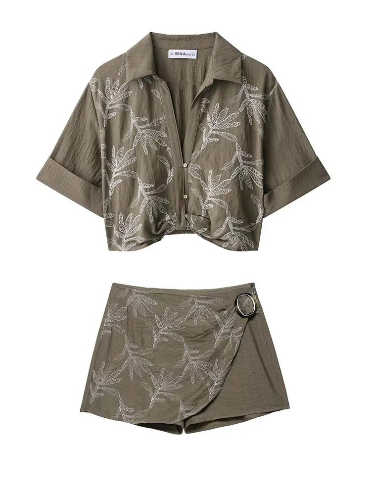 2025 Fashion Elegant Woman Embroidery Short Skirts Sets Women Leisure 2 Piece New Summer Lapel Short Tops +Skirts Two Piece