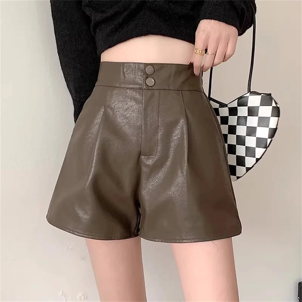 Fashion PU Shorts For Women 2025 Autumn Winter Retro New In Short Pant Solid High Waist Chic Shorts Lady Y2k Casual Street Wear