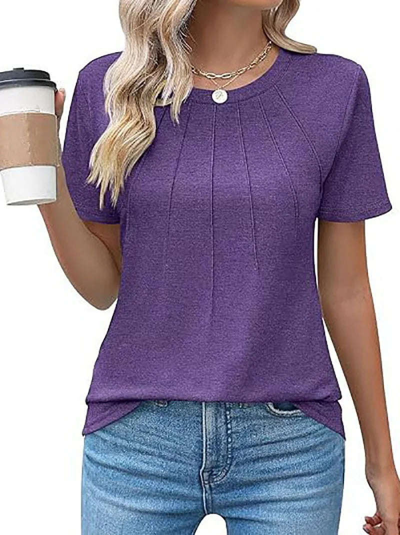 Women's Clothing European American T-shirt Tops Tees spring summer women's round neck pleated short sleeved solid color T-Shirts