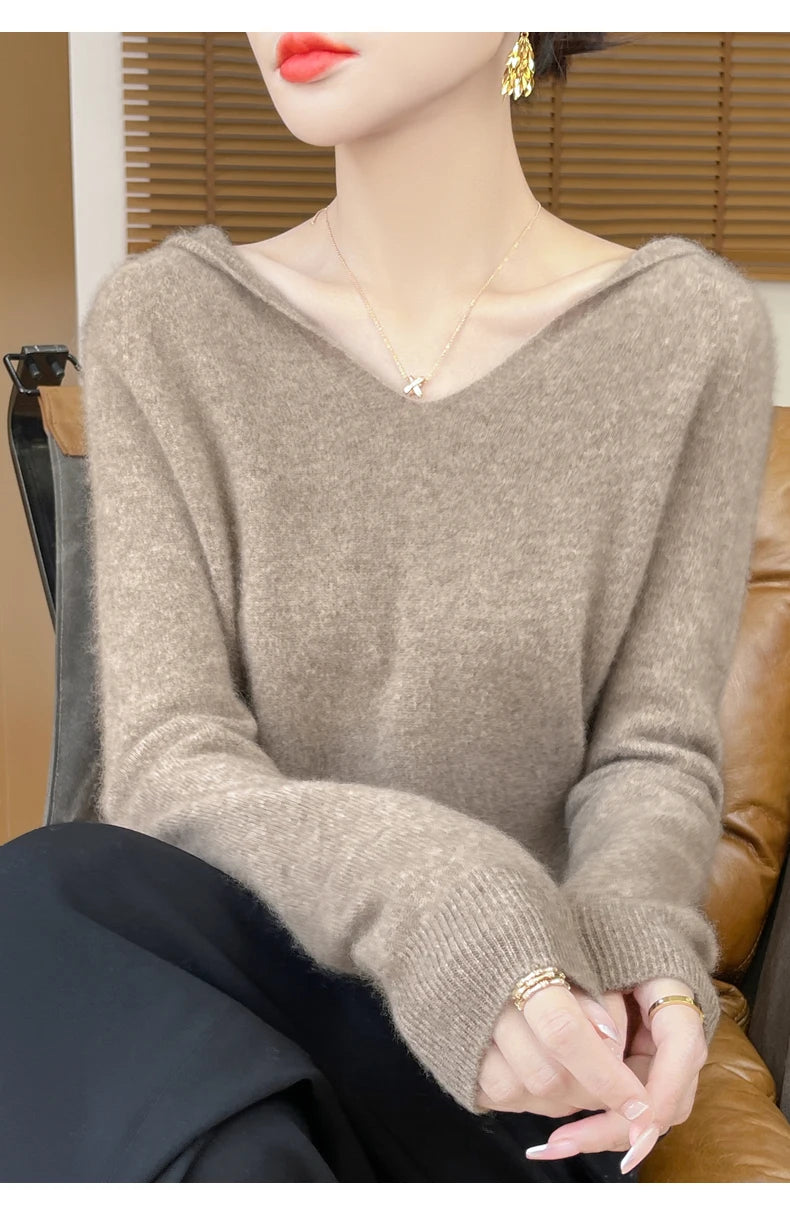 Women Autumn Winter Clothing Hooded Collar Pullover 100% Merino Wool Sweater New Fashion Cashmere Tops Bottoming Knitwear Soft