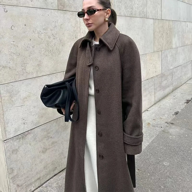 Women's Coat 2025 Winter New Style Dark Brown Long-Sleeve Belted Loose-Fit Long Woolen Coat Fashionable and Stylish