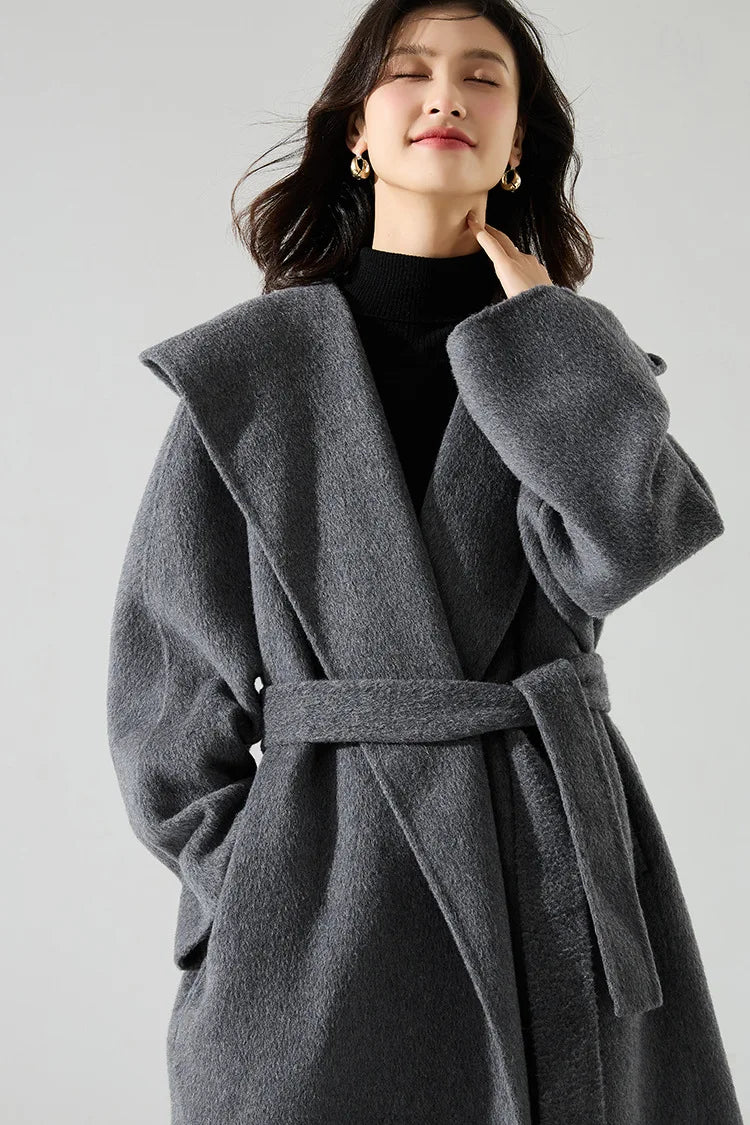 Office Lady Cashmere Woolen Jackets 2024 Autumn And Winter High-Grade Hooded Bathrobe Style Loose Lace-Up Long Women Wool Coats